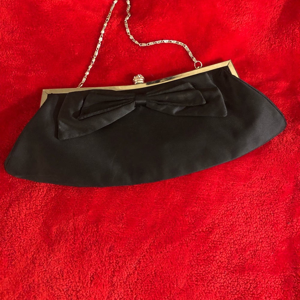 Black Clutch Purse with Bow and Rhinestone Clasp